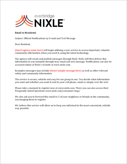 Nixle Email to Residents