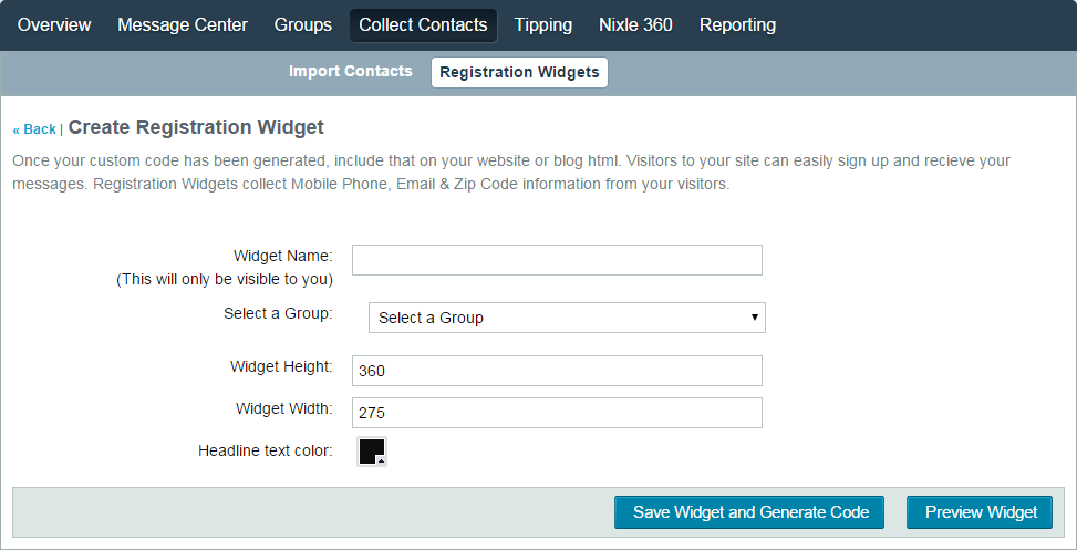 Registration Widget Create Screen